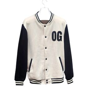 G-NET Men's Cream/Black Varsity Jacket, Fleece Button-Front, Band Collar, XL